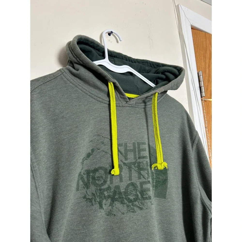 The North Face Mens Large Olive Green Graphic Logo Hoodie Neon Yellow Drawstring